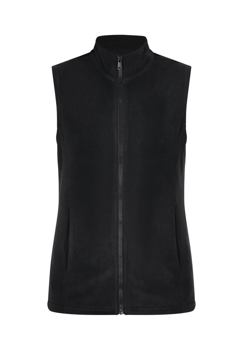 Gilet in pile nero, design senza maniche, colletto alto, zip frontale completa, due tasche laterali, texture liscia e silhouette sagomata.