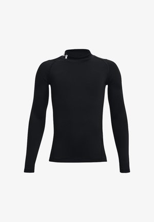 Camiseta de compresión negra de manga larga con cuello alto y logo blanco de Under Armour cerca del escote en el lado izquierdo.