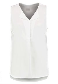 Witte mouwloze blouse van lichtgewicht stof, met een V-halslijn, een knoopsluiting aan de voorkant en een iets langere achterkant.