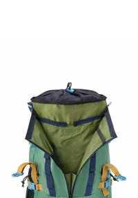 Zaino verde con parte superiore nera, accenti blu e spallacci beige. L'interno presenta un motivo topografico e molteplici tasche con cerniera.
