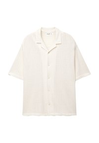 Short-sleeve shirt in cream, featuring a textured knit pattern, a spread collar, and five buttons down the front for closure.