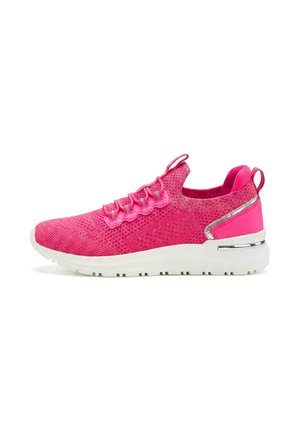 Bright pink knit sneaker with white sole, pull tabs on tongue and heel, and silver accent near the back.