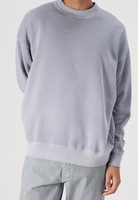 Lys grå sweatshirt med rund halsudskæring, ribbede manchetter og kant. Blød tekstur og afslappet pasform, kombineret med lyst farvede bukser.