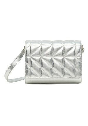 Silver metallic crossbody bag with quilted geometric pattern and adjustable strap on a white background.