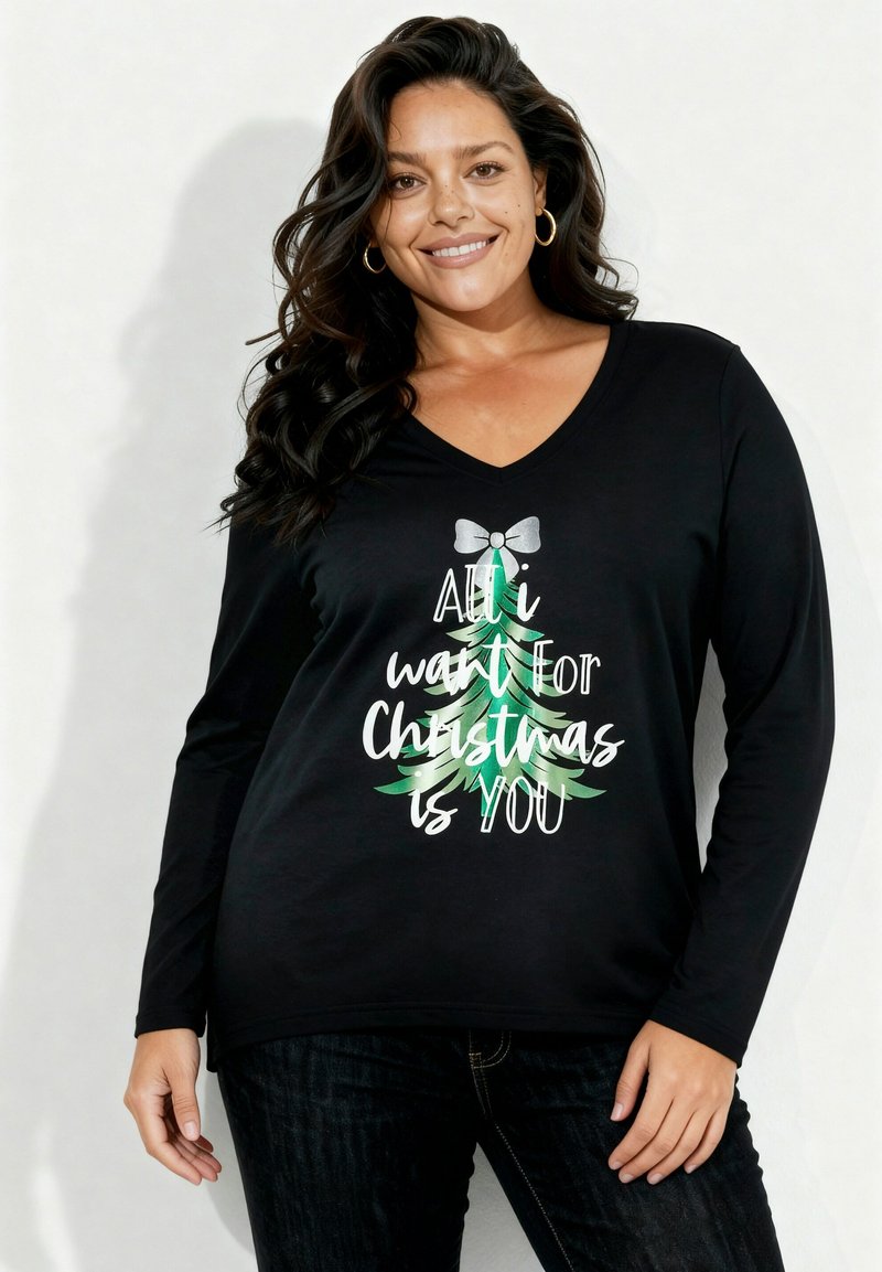 Czarny, długi rękaw, koszulka z dekoltem w serek z grafiką zielonej choinki i napisem "Wszystko, czego pragnę na święta, to Ty."