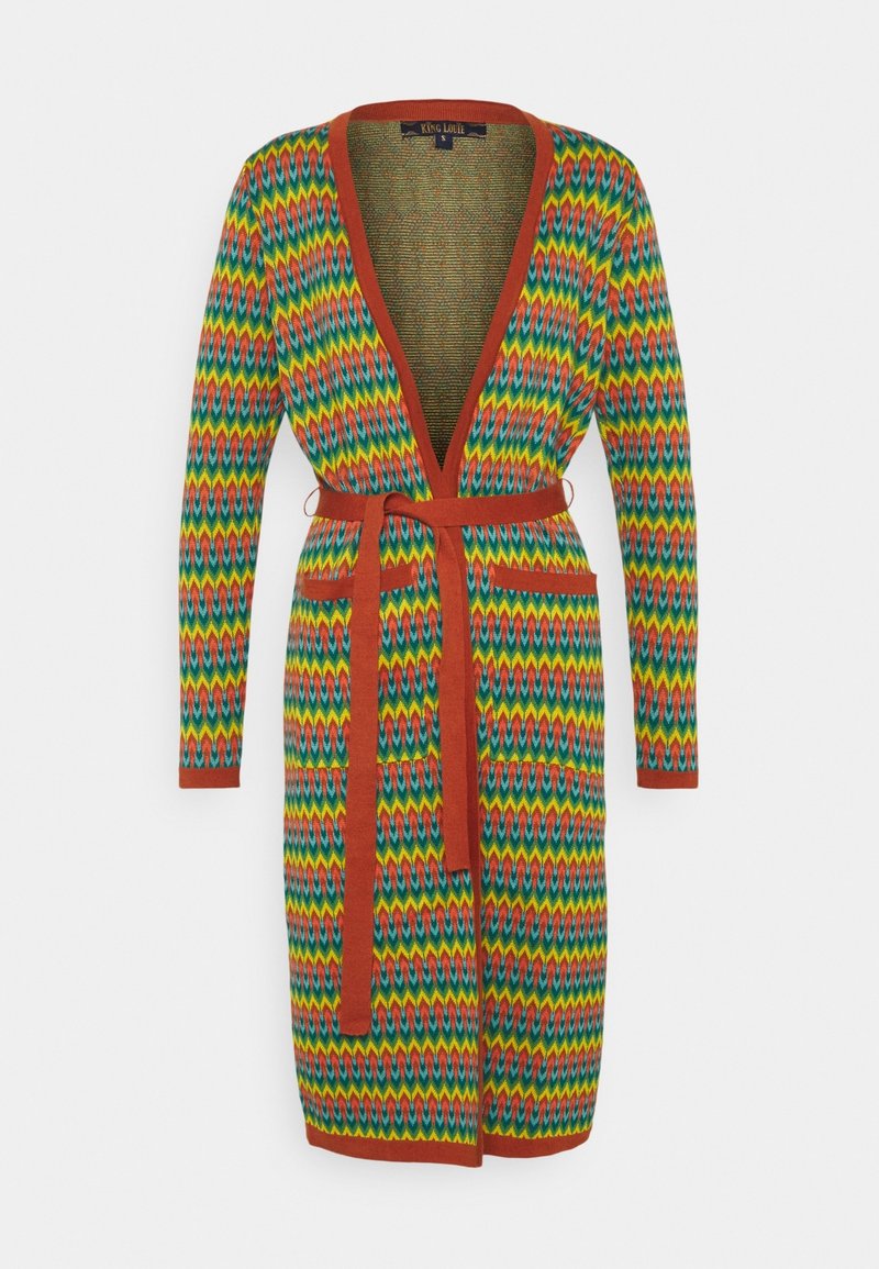 Färgglad stickad cardigan med ett zigzag-mönster i grön, gul, röd och blå. Inkluderar ett bälte i midjan och en öppen framdesign.