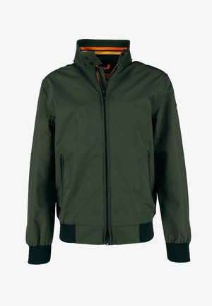 Dunkelgrüne Bomberjacke mit Reißverschluss, hohem Kragen, orangefarbenem Futter und schwarzen Rippbündchen. Besitzt zwei seitliche Taschen und minimale Hardware.