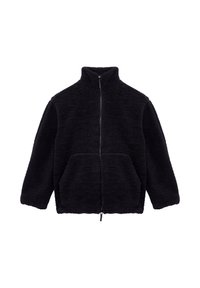 Czarna polarowa kurtka z wysokim kołnierzem, zamkiem z przodu i dwiema dużymi kieszeniami. Miękka tekstura i luźny krój. Brak widocznych wzorów lub akcentów.