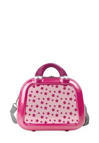 Bolso pequeño rosa brillante con patrón de estrellas en rosa oscuro, asa redondeada, cierres plateados y correa gris para el hombro desmontable.