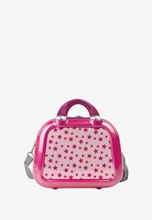 Bolso pequeño rosa brillante con patrón de estrellas en rosa oscuro, asa redondeada, cierres plateados y correa gris para el hombro desmontable.