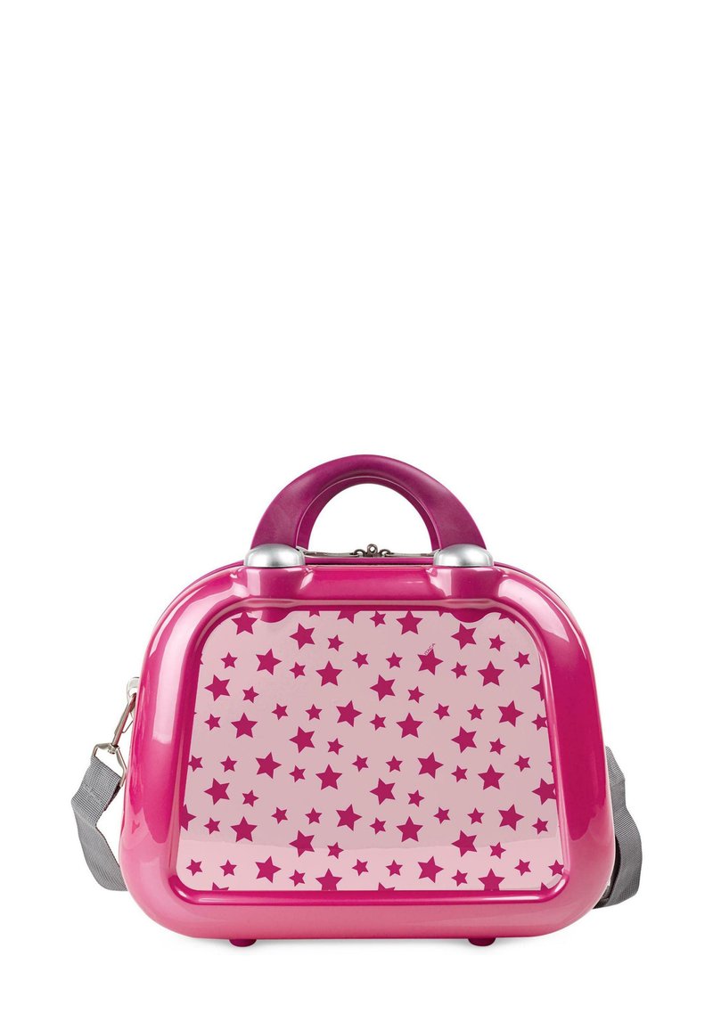 Bolso pequeño rosa brillante con patrón de estrellas en rosa oscuro, asa redondeada, cierres plateados y correa gris para el hombro desmontable.