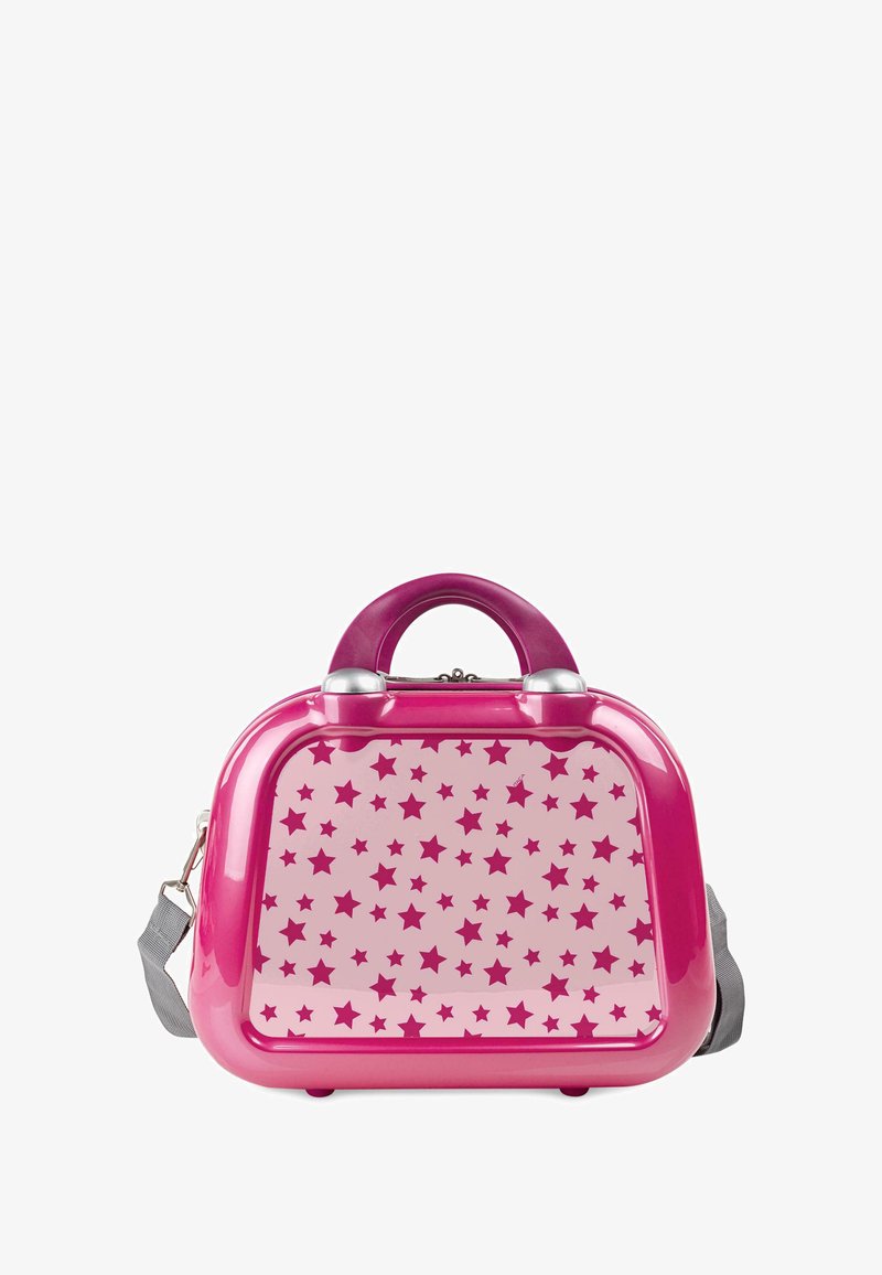 Bolso pequeño rosa brillante con patrón de estrellas en rosa oscuro, asa redondeada, cierres plateados y correa gris para el hombro desmontable.