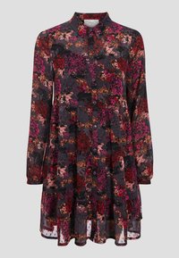 Robe à motif floral avec un fond sombre agrémenté de nuances de rouge, rose et orange. Manches longues, fermeture à boutons sur le devant et silhouette fluide.