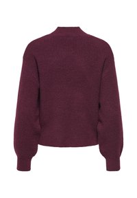Pull tricoté violet foncé avec de longues manches ballon et un col court et haut, vu de dos.