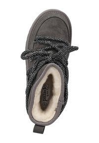 Stivale in suede grigio con spesse stringhe nere e bianche, foderato in morbido pile bianco, dotato di un tab di sollevamento sul retro e cuciture rinforzate lungo il bordo.