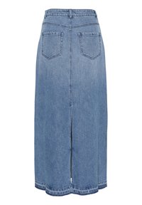 Blue denim midi skirt with a straight cut, two back pockets, and a center back split. The hem is evenly stitched.