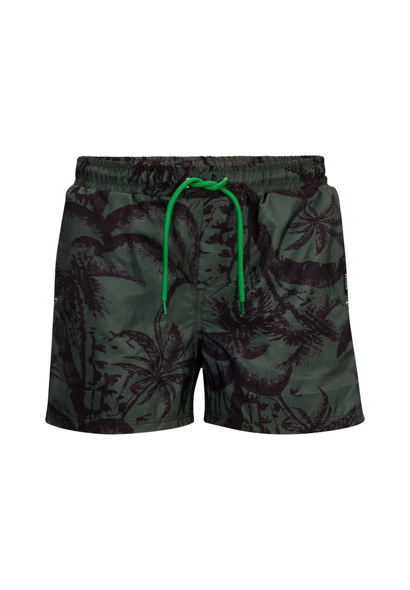 Costume da bagno verde con un motivo di foglie tropicali nere, vita elastica e cordoncino verde. Realizzato in materiale leggero e a rapida asciugatura.