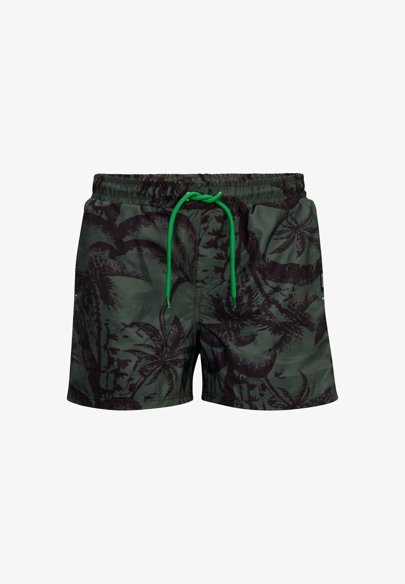 Costume da bagno verde con un motivo di foglie tropicali nere, vita elastica e cordoncino verde. Realizzato in materiale leggero e a rapida asciugatura.