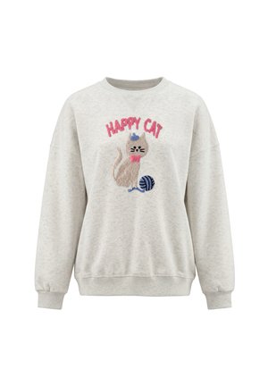 Lysegrå sweatshirt med en smilende kat iført en blå hat og pink butterfly, blå garnnøgle og "HAPPY CAT" tekst i pink ovenover.