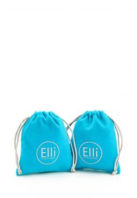 Two turquoise fabric drawstring pouches with silver cord, featuring an embroidered logo that reads "Elli by Julie & Grace."