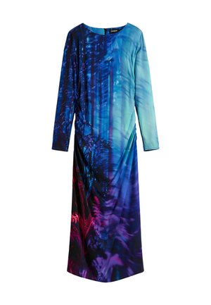 Vestido de manga larga con un vibrante patrón de bosque en azul y púrpura, confeccionado en un tejido suave y con una silueta recta que incluye una cremallera en la parte posterior.