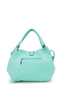 Turquoise leren handtas met een gestructureerde afwerking, dubbele handvatten, een ritsvak aan de voorkant en accenten in zilverkleurig metaal.