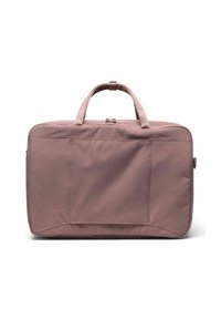 Sac à ordinateur portable, tissu rose avec une texture lisse, forme rectangulaire, doubles poignées, fermeture éclair sur le dessus et une poche frontale.
