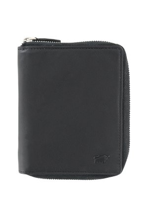 Portafoglio nero in pelle con cerniera che gira intorno, con un logo animale in rilievo sottile nell'angolo in basso a destra.