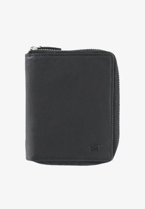 Portafoglio nero in pelle con cerniera che gira intorno, con un logo animale in rilievo sottile nell'angolo in basso a destra.