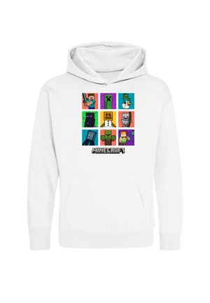 Felpa bianca con cappuccio con nove icone colorate dei personaggi di Minecraft disposte a griglia sopra il logo di Minecraft al centro davanti.