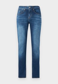 Jeans din denim de culoare albastru închis, cu un design drept. Printre caracteristici se numără un talie medie, decolorare subtilă și detalii standard cu cinci buzunare.