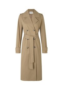 Beige trenchcoat i dobbeltradet design med bælte i taljen, lange ærmer, skulderstropper og store knapper.