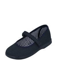 Zapato de lona azul marino con puntera redonda, correa de Velcro y forro interior a cuadros. Suela plana con un patrón de suela mínimo.