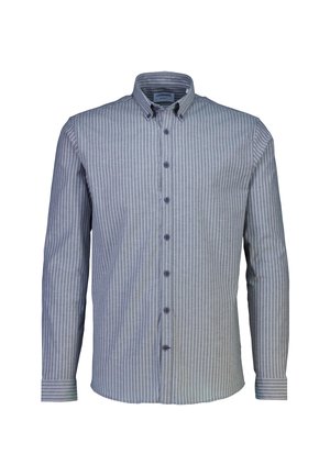 Long-sleeve, button-up shirt with vertical white stripes on a gray background, featuring a button-down collar and regular cuffs.