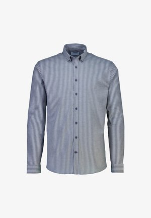 Long-sleeve, button-up shirt with vertical white stripes on a gray background, featuring a button-down collar and regular cuffs.