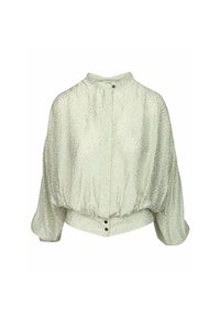 Blusa verde chiaro con un collo alto, maniche ampie e un motivo testurizzato. Presenta bottoni in vita e sul retro.