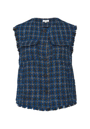 Blaues und schwarzes Tweed-Weste mit fransigen Kanten, Knopfverschluss und zwei vorderen Taschen. Geometrisches Muster mit strukturierter Oberfläche.