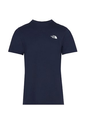 T-shirt in cotone blu navy con collo rotondo e maniche corte, dotato di un logo bianco sulla parte sinistra del petto. Texture liscia.