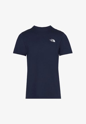 T-shirt in cotone blu navy con collo rotondo e maniche corte, dotato di un logo bianco sulla parte sinistra del petto. Texture liscia.