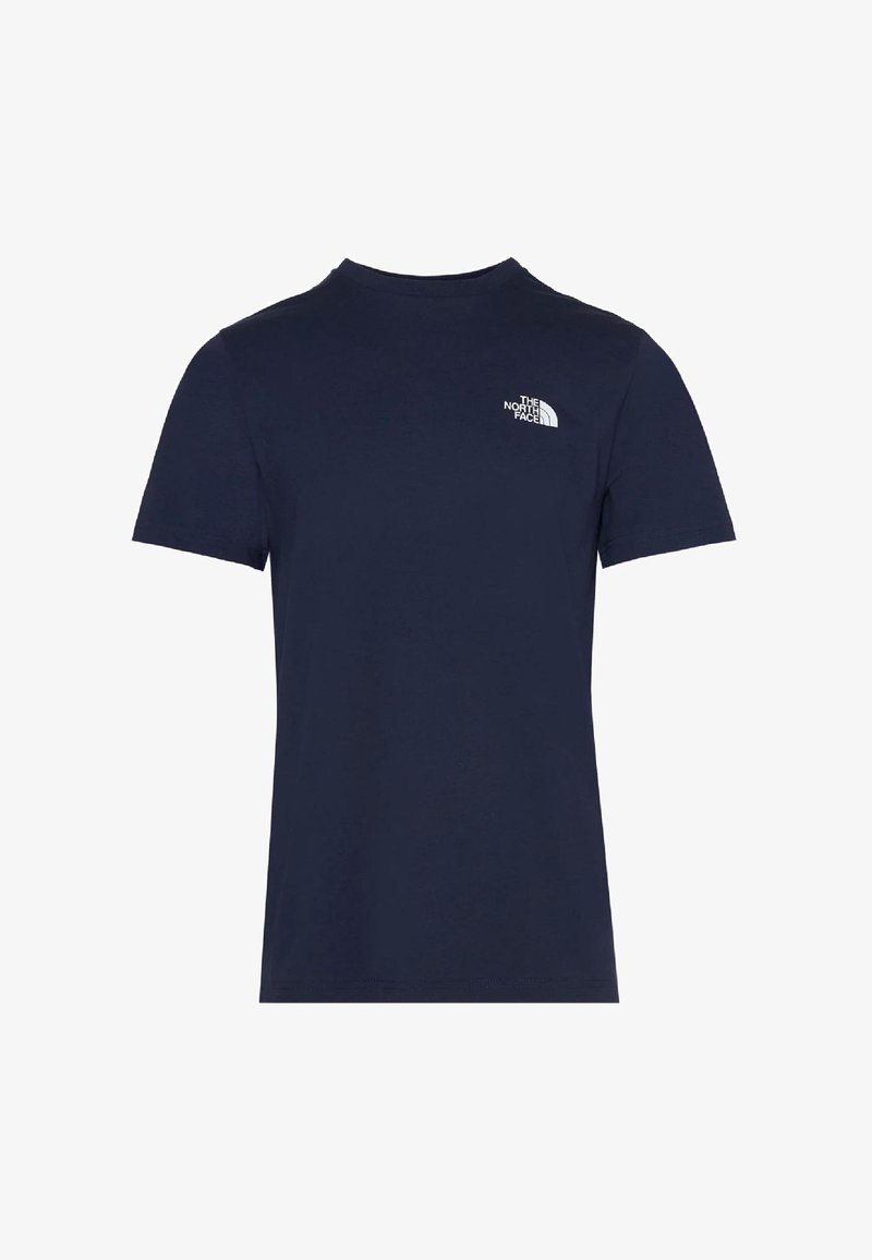 T-shirt in cotone blu navy con collo rotondo e maniche corte, dotato di un logo bianco sulla parte sinistra del petto. Texture liscia.