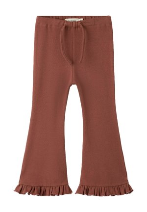 Pantalon tricoté marron pour enfants avec taille élastique, cordon, jambes évasées et ourlets à volants.