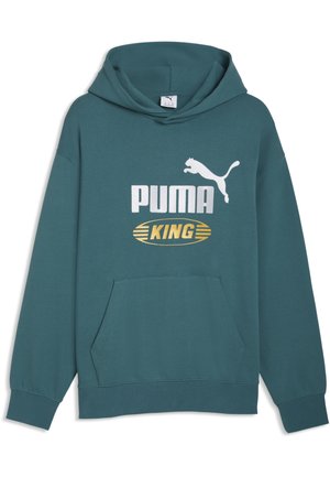 Morska bluza z kapturem z przednią kieszenią, białym logo Puma i żółtym owalnym napisem "KING" na środku klatki piersiowej.