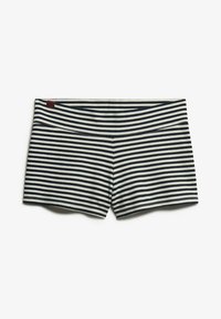 Korte gestreepte shorts in marineblauw en wit, met een zachte stof, een elastische tailleband en gestikte details langs de randen.