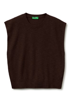 Donkerbruin gebreid mouwloos sweatervest met ronde hals en geribbelde zoom, met een groen label waarop "United Colors of Benetton" staat.