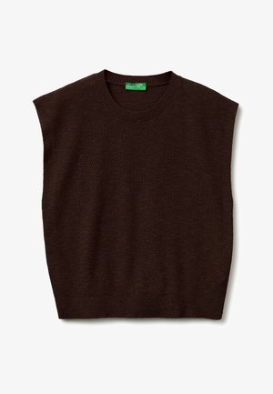 Tmavě hnědá pletená bezrukávová vesta s kulatým výstřihem a žebrovaným lemem, na zelené cedulce označená "United Colors of Benetton".