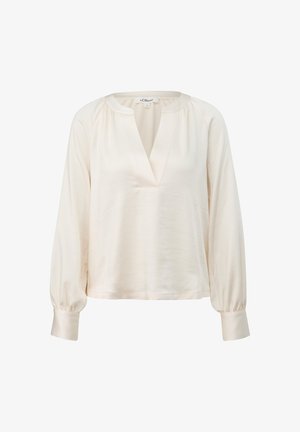 Blusa color crema chiaro con scollo a V, maniche lunghe a palloncino e cuciture delle spalle leggermente arricciate. Tessuto liscio con un design minimalista.