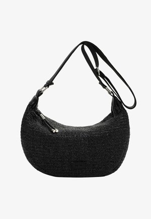 Borsa a tracolla nera intrecciata a forma di mezzaluna con cinturino regolabile e piccolo tiralampo intrecciato.