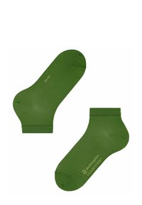 Calzini alla caviglia in cotone verde con polsino a costine e tallone curvo. Logo del marchio stampato in verde chiaro su entrambi i calzini. Texture liscia e design semplice.