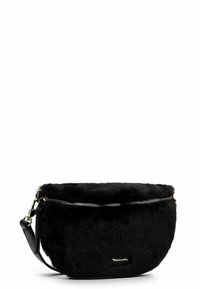 Borsa a tracolla in pelliccia sintetica nera con forma arrotondata, chiusura con zip e tracolla removibile. Presenta un logo dorato e dettagli in pelle liscia.