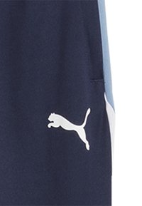 Jūras spēku sporta šorti no gludas auduma; ar baltu Puma logo; papildus gaiši zilas sānu paneļa detaļas.
